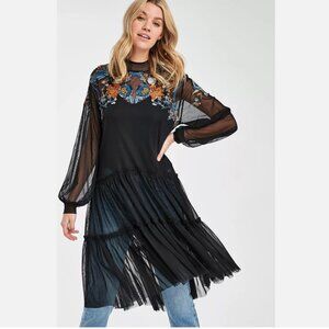 Free People Black Sheer Embroidered Gown Spring Floral Dress Boho Sequin M